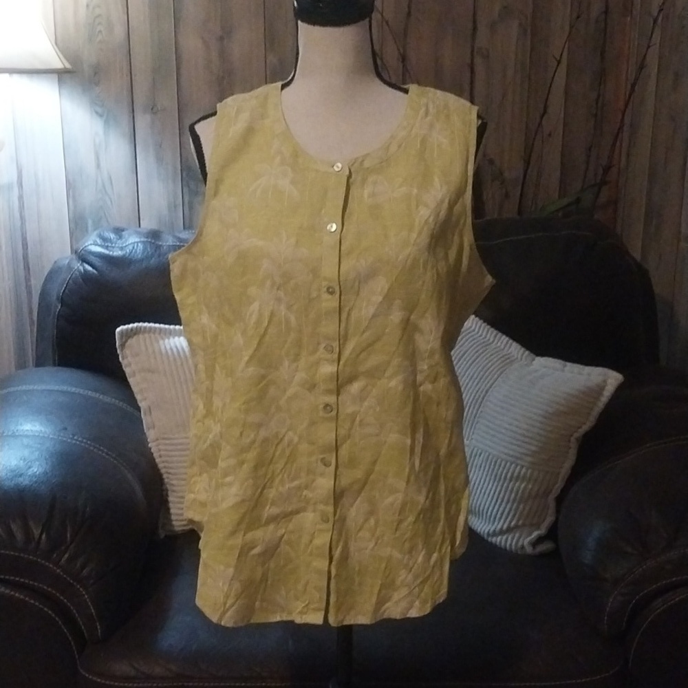 C&C California Sleeveless Beachy Tropical Print 100% Linen Shirt Size L
